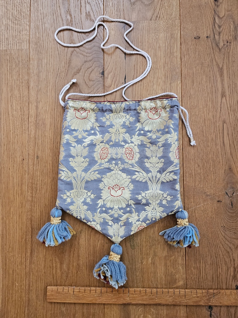 Medieval belt bag made of silk brocade with tassels image 7
