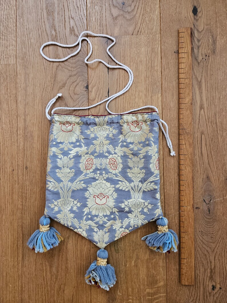 Medieval belt bag made of silk brocade with tassels image 6