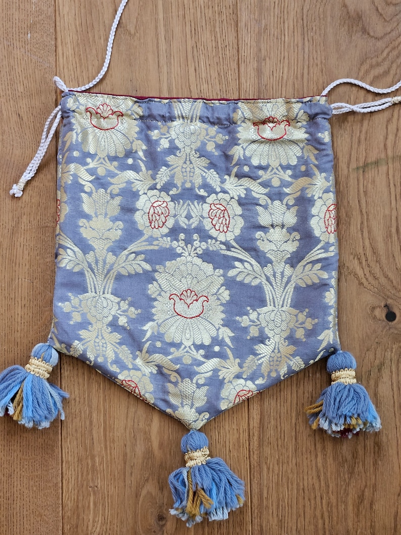 Medieval belt bag made of silk brocade with tassels image 4