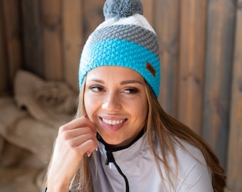 Knit hat, Chunky Knit beanie, Winter stylish hat, Knitted hat, Winter fashion pom pom beanie knitted, soft and comfortable, blue white grey