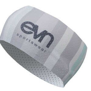 May include: A grey and white striped headband with a grey "evn sportswear" logo. The headband has a dotted pattern on the inside.