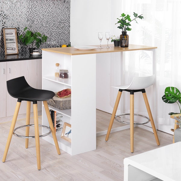 Modern Breakfast Bar Table Counter Height Modern Minimalist with Storage Shelves for Home Kitchen 120x60x110cm (White, Oak)