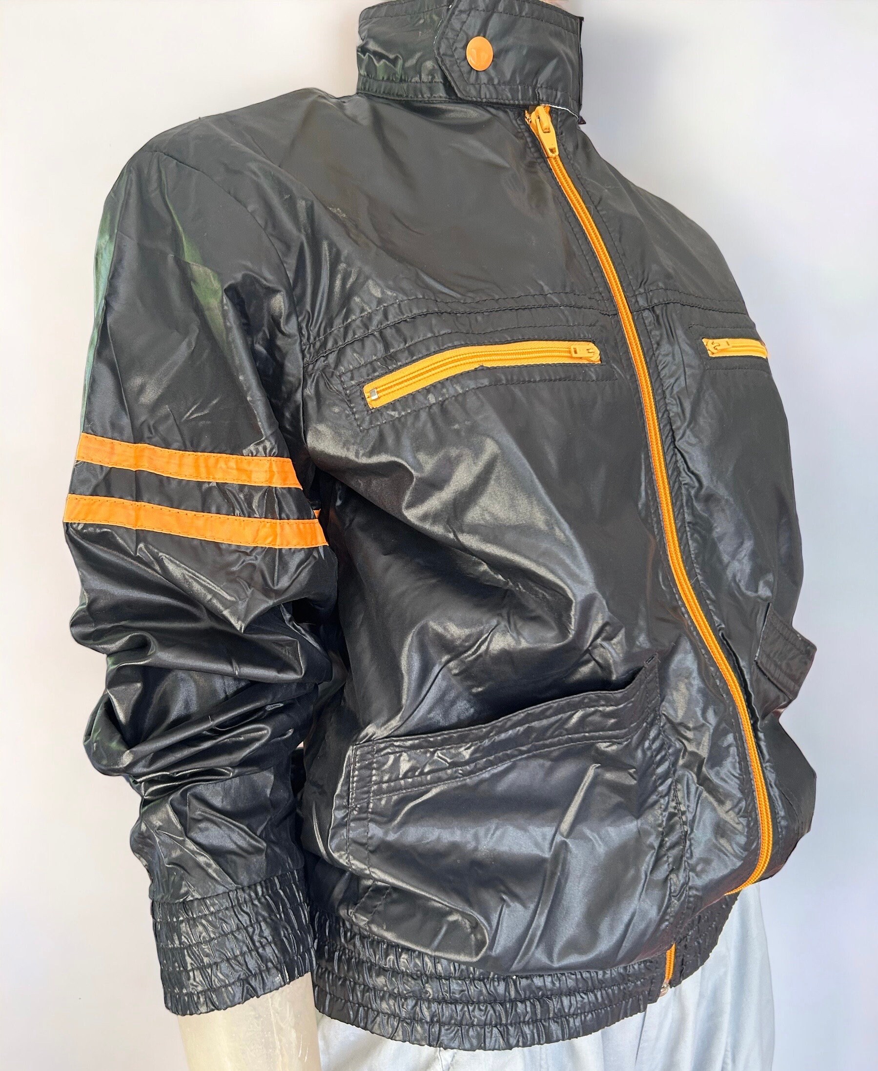 Moto Shell Jacket 1970s Early 80s Black and Orange Moto Shell Jacket up to Size UK 10 US ...