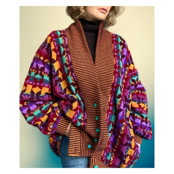 Vibrant Maggie White 80s chenille and wool handknit cardigan size L