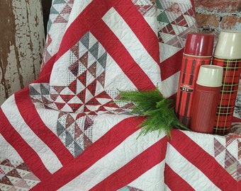 Antique red and white ocean waves quilt 1880 top, finished later 1940-1950s