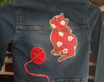 Vintage Quilt Jean Jacket Size 5/6 kids Kitty Cat