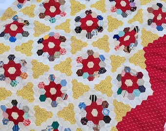 Amazing antique tiny pieces “Hexagon” quilt top