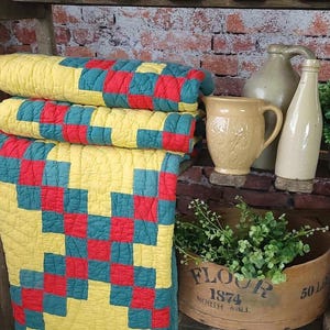 Antique Irish Chain Quilt: c1900s Red, Yellow, Green Hand Quilted PA Quilt