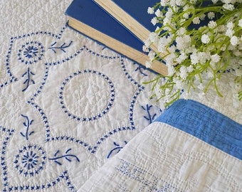 Spectacular Vintage crisp cobalt blue and white embroidered wreath quilt