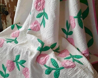 Wow! Stunning vintage 1940s pink and green “Rose Wreath” quilt from Lancaster PA