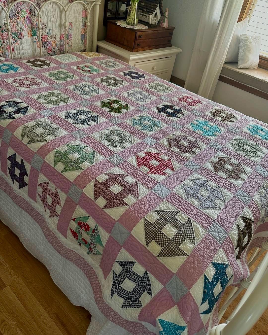Vintage 1980s “Churn Dash“ Quilt with a lovely lavender sash