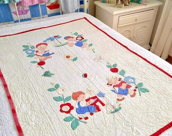 So sweet! Vintage 40s red and soft white appliqué crib quilt