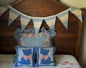 Sweetest Blue Quilt Kitty Cat Kitten Pillow