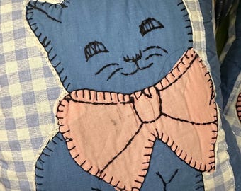 Sweetest Blue Quilt Kitty Cat Kitten Pillow