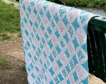 Vintage Seaglass blue and pink cathedral window quilt c1970