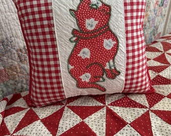 Darling 1940s Red Kitty Cat Kitten Quilt Pillow