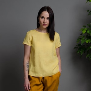 IEVA Yellow colour loose linen shirt, Simple short sleeve linen top, yellow linen blouse
