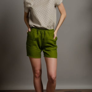 LILLY Olive green linen shorts with elastic waistband and inner pockets, short linen pants for women image 2