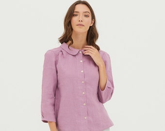 AMBER Light purple  medium sleeve linen blouse with collar, lilac collared neck linen blouse, elegant women linen blouse