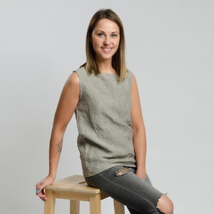 MONIKA Striped linen top, sleeveless linen top, simple blouse, summer shirt, white top, sleeveless shirt, gray linen top, linen blouse