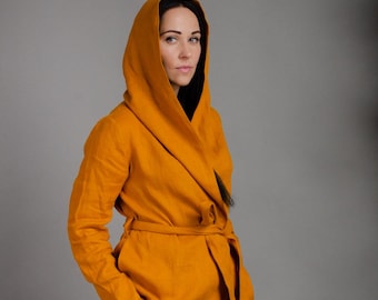 ALEXANDRA Linen Hooded Wrap Top/Jacket– Mustard color, linen cardigan with hood