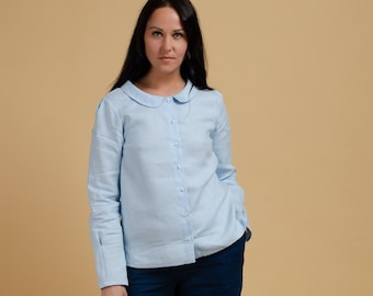 LOUISE Light blue long sleeve linen shirt with collar, collared neck linen blouse, elegant linen shirt, Peter Pan collar shirt