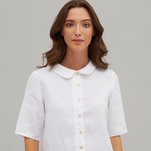 KYRA White medium sleeve linen shirt with collar, collared neck linen blouse, elegant linen shirt