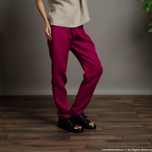 Loose rose colour linen pants with elastic waist and inner pockets, pink colour linen pants, wide leg linen trousers for women