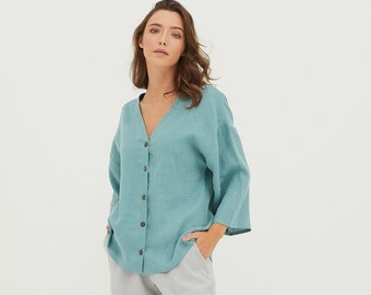 MEGAN Wrap electric blue colour loose linen blouse, turquoise kimono linen blouse, wide linen shirt, V-neck linen blouse