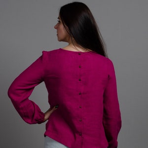 SANDY Elegant ROSE long sleeve linen shirt with buttons at the back, shirt back buttoned, back buttoned linen blouse for women