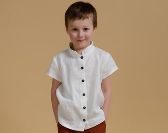 MINI EDWARD Linen white short sleeve toddler boy shirt, christening shirt for boys, kids clothing, clothes for boys