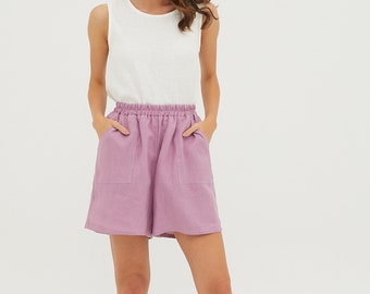 TAMARA Light purple super loose linen shorts with elastic waistband and  pockets, lilac wide linen shorts