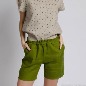 LILLY Olive green linen shorts with elastic waistband and inner pockets, short linen pants for women image 1