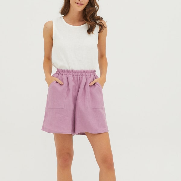 TAMARA Light purple super loose linen shorts with elastic waistband and  pockets, lilac wide linen shorts