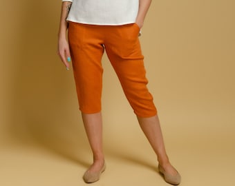 VICTORIA Terracotta Farben Leinen Capri Hose mit Gummibund und Taschen vorne, orange Leinen Shorts für Frauen, elegante Leinen Capri Hose