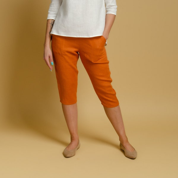 VICTORIA Pantalones capri de lino color terracota con cintura elástica y bolsillos delanteros, pantalones cortos de lino naranja para mujer, elegante capri de lino