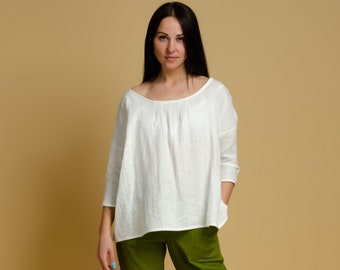 LUCIA white oversized linen top with wide neck, loose linen tunic, kimono linen top, loose linen top