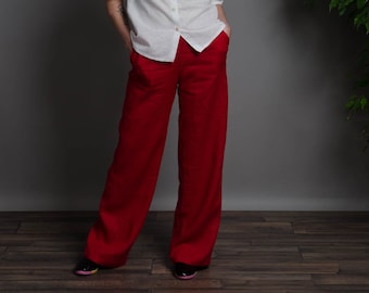 LESLIE Red wide-leg linen pants with elastic waist and inner pockets, wide red colour linen pants, wide leg linen trousers for women