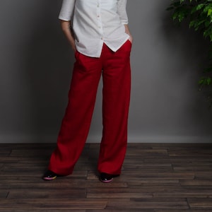 LESLIE Red wide-leg linen pants with elastic waist and inner pockets, wide red colour linen pants, wide leg linen trousers for women