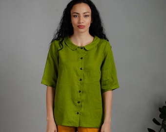 KYRA OLIVE mittellanges Leinenhemd mit Kragen, Leinenbluse mit Kragenausschnitt, elegantes Leinenhemd, Peter-Pan-Kragen-Frauenbluse