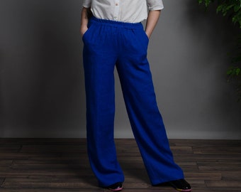 LESLIE Bright blue wide-leg linen pants with elastic waist and inner pockets, wide royal blue colour linen pants, wide-leg linen trousers