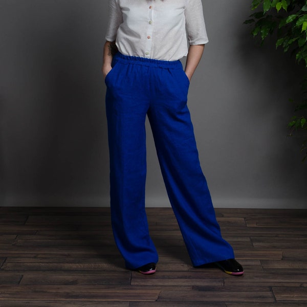 LESLIE Bright blue wide-leg linen pants with elastic waist and inner pockets, wide royal blue colour linen pants, wide-leg linen trousers