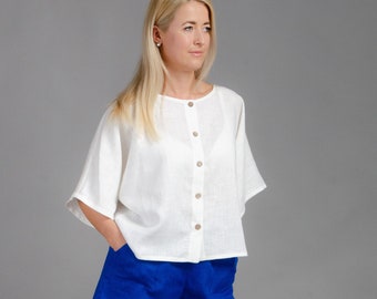 LISA Ivory white oversized linen blouse, short linen tunic with wide sleeves, kimono buttoned blouse