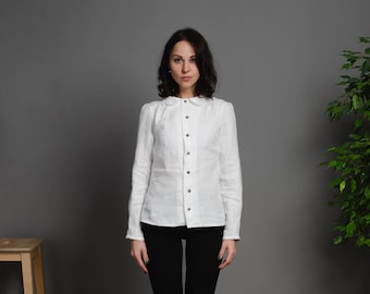 LETICIA Ivory white long sleeve linen shirt with collar, collared neck linen blouse, elegant linen shirt