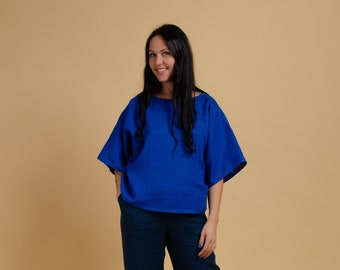 MARTHA Tunique en lin surdimensionnée couleur bleu foncé, tunique courte en lin bleu roi à manches larges, haut en lin ample, haut en lin ample et large