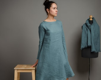 VERONICA Electric blue linen long sleeve dress with side pockets, loose linen dress, turquoise brown linen dress, oversized linen dress