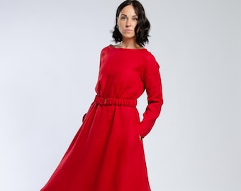 CAMILA Long red summer linen dress with side pockets and a belt, long sleeve linen dress, wide dress, cozy dress, elegant linen dress