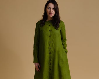 DOMINIKA Linen OLIVE color  buttoned long sleeve linen dress with side pockets, green trapeze linen dress, wide dress, plus size women dress