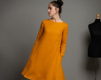 VERONICA Mustard Linen Long Sleeve Dress, Trapeze Pocket Dress