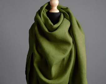 Extra large OLIVE GREEN linen shawl for women, large green linen unisex scarf, unisex Christmas gift,  olive linen wrap